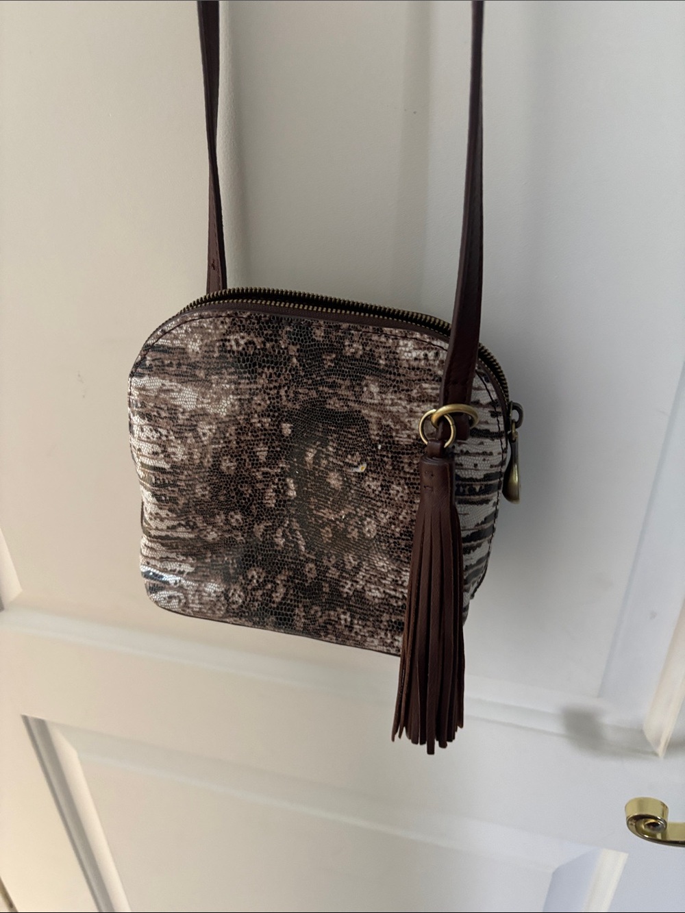 Brown Textured Crossbody Bag with Tassel